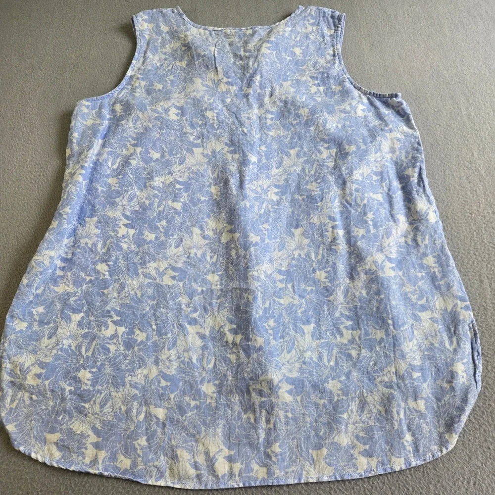 Company Ellen Tracy Tank Top Women XL Blue Floral 100% Linen Tassel High-Low